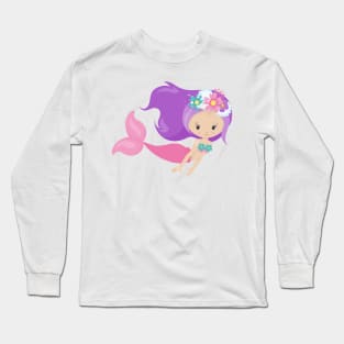 Cute Mermaid, Little Mermaid, Flowers, Purple Hair Long Sleeve T-Shirt